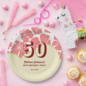 Abstracte Retro Rode Kamille Bloem Verjaardag Papieren Bordje (Feest)