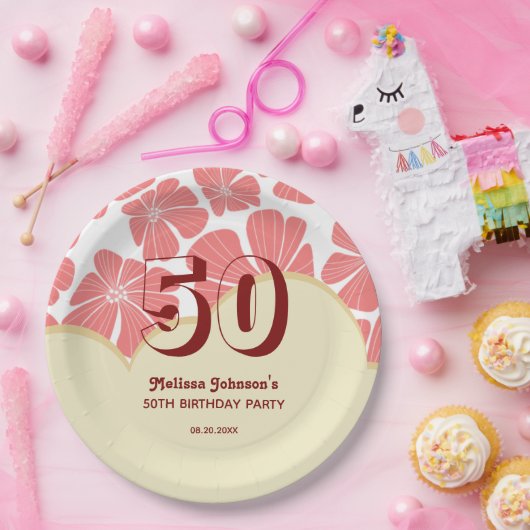 Abstracte Retro Rode Kamille Bloem Verjaardag Papieren Bordje (Feest)