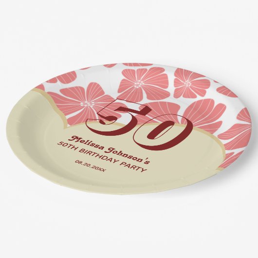 Abstracte Retro Rode Kamille Bloem Verjaardag Papieren Bordje (Gekanteld)