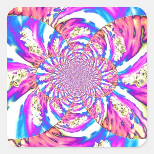 Abstracte retro roze bloemenmandala roze orchideeë vierkante sticker (Voorkant)
