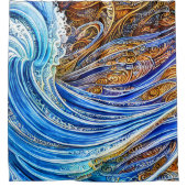 Abstracte rimpelgolven in blauw en goud douchegordijn (Voorkant)