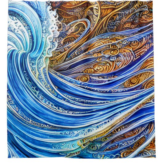 Abstracte rimpelgolven in blauw en goud douchegordijn (Voorkant)