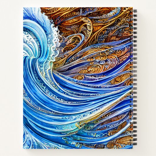 Abstracte rimpelgolven in blauw en goud notitieboek (Achterkant)