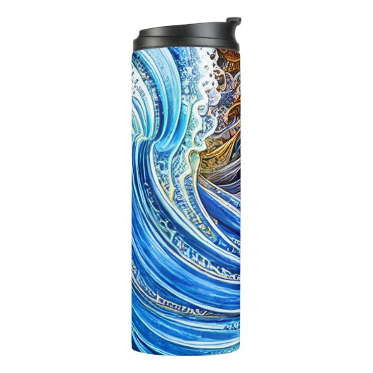 Abstracte rimpelgolven in blauw en goud thermosbeker (Gedraaid links)