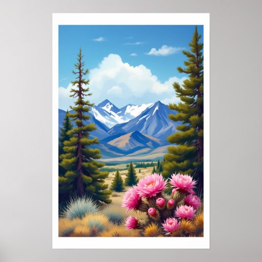 Abstracte Rocky Mountains Dennenbomen Cactus Poster (Voorkant)