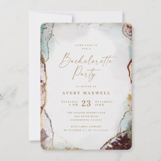 Abstracte Rode Aqua & Goud Winter Bachelorette Par Kaart (Voorkant)