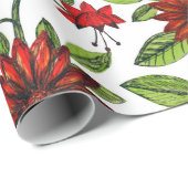 abstracte rode bloemen en groene bladeren op witte cadeaupapier (Rol Hoek)