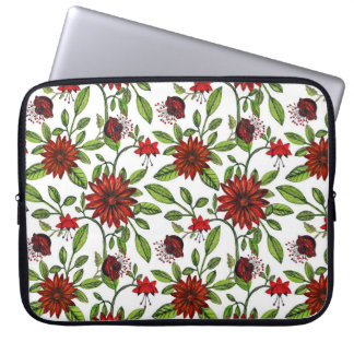 abstracte rode bloemen en groene bladeren op witte laptop sleeve