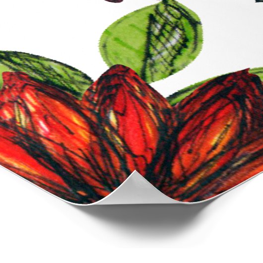 abstracte rode bloemen en groene bladeren op witte poster (Hoek)