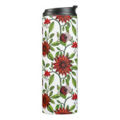 abstracte rode bloemen en groene bladeren op witte thermosbeker (Gedraaid links)