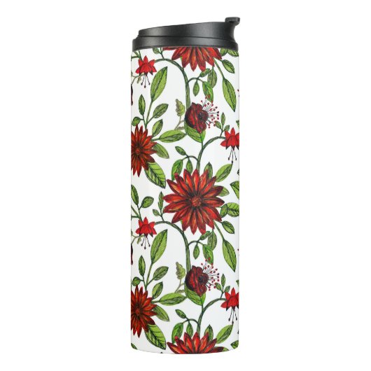 abstracte rode bloemen en groene bladeren op witte thermosbeker (Gedraaid links)