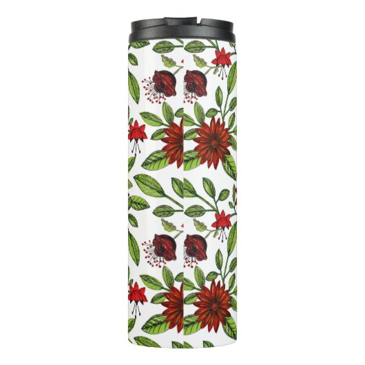 abstracte rode bloemen en groene bladeren op witte thermosbeker (Achterkant)