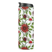 abstracte rode bloemen en groene bladeren op witte thermosbeker (Geroteerd rechts)