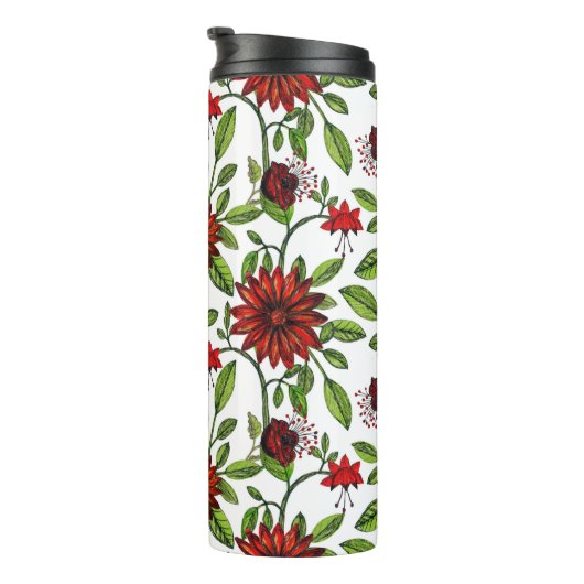 abstracte rode bloemen en groene bladeren op witte thermosbeker (Geroteerd rechts)