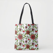 abstracte rode bloemen en groene bladeren op witte tote bag (Voorkant)