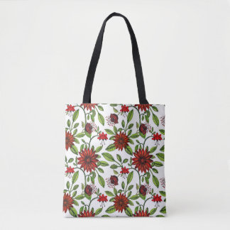 abstracte rode bloemen en groene bladeren op witte tote bag