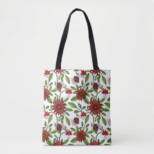 abstracte rode bloemen en groene bladeren op witte tote bag (Voorkant)