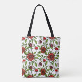abstracte rode bloemen en groene bladeren op witte tote bag (Achterkant)