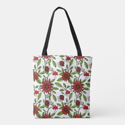 abstracte rode bloemen en groene bladeren op witte tote bag (Achterkant)