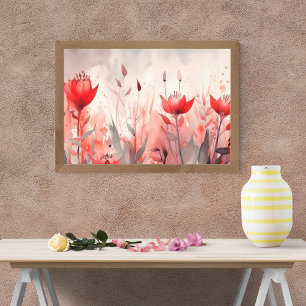 Abstracte rode bloemen op grijze achtergrond foto afdruk