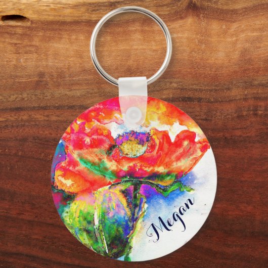 Abstracte rode bloemen waterverf sleutelhanger (Voorkant)