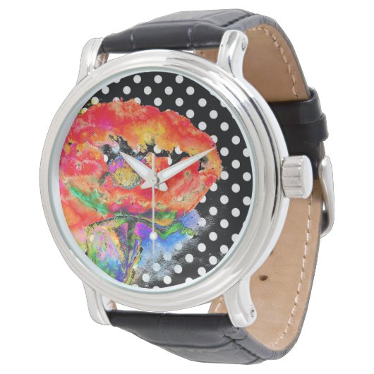 Abstracte rode bloemige waterverf papaver stippen horloge (Gekanteld)