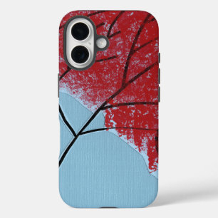 Abstracte rode boombladeren op blauwe achtergrond iPhone 16 hoesje