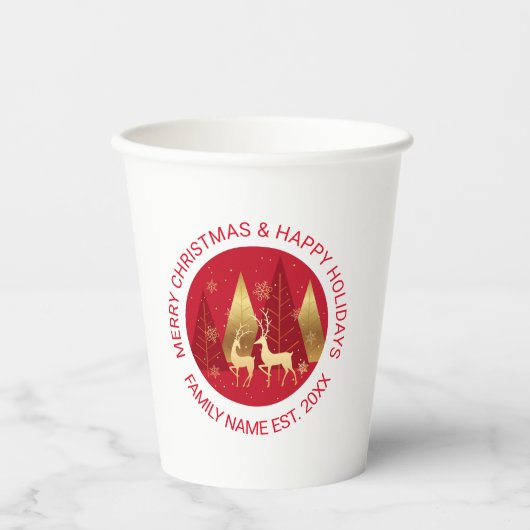 Abstracte rode en gouden kerstbomen en bier papieren bekers (Voorkant)