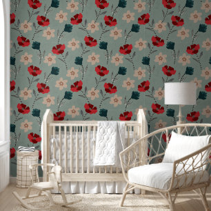 Abstracte rode en groene bloemen op grijs behang