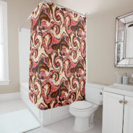 Abstracte rode en koraalvlekken met een houtachtig douchegordijn