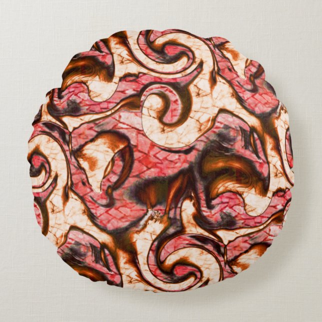 Abstracte rode en koraalvlekken met een houtachtig rond kussen (Voorkant)