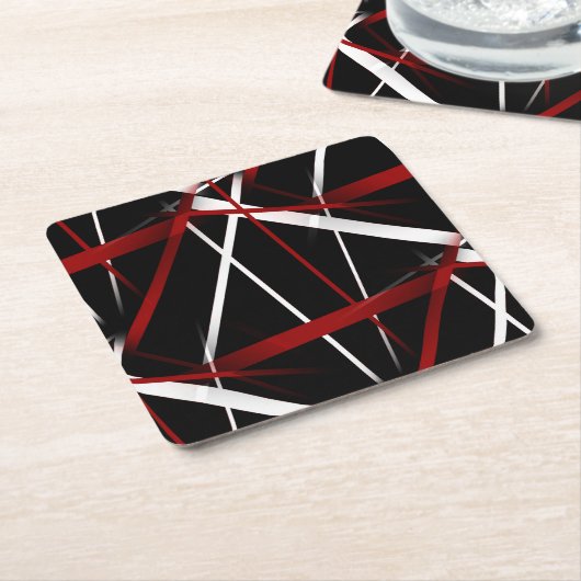 Abstracte rode en witte lijnen op zwarte achtergro kartonnen onderzetters (Schuin)