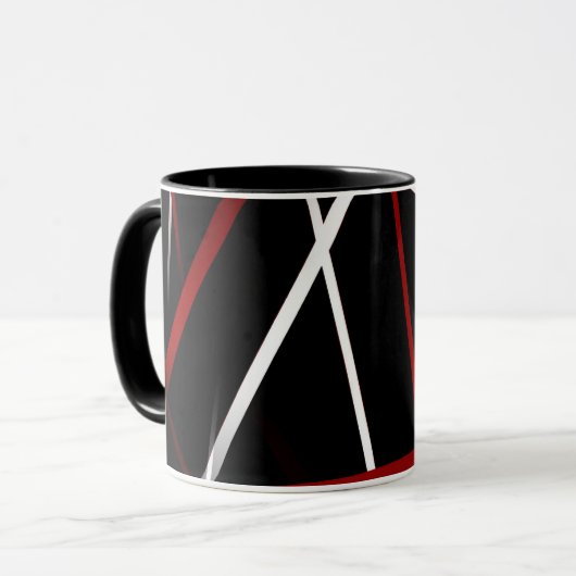 Abstracte rode en witte lijnen op zwarte achtergro mok (Voorkant links)