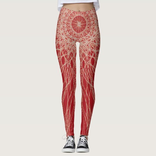 Abstracte rode en witte spiraalvormige spinlijnen leggings (Voorkant)