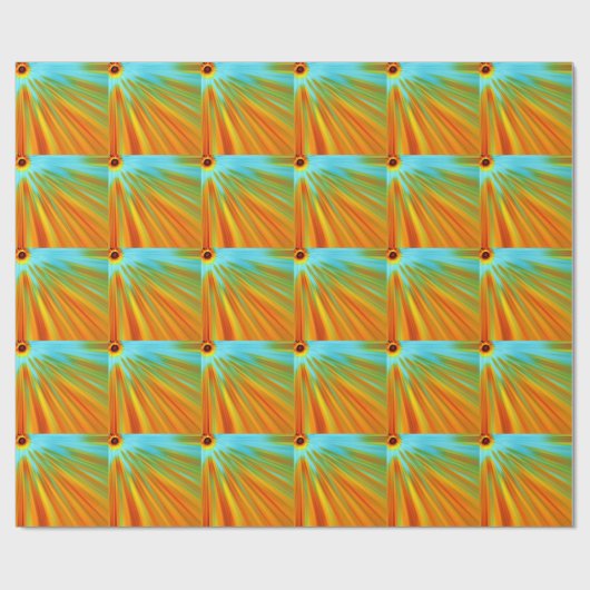 Abstracte rode gele oranje groene strepen op blauw cadeaupapier (Vlak)