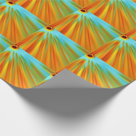 Abstracte rode gele oranje groene strepen op blauw cadeaupapier (Hoek)