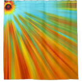 Abstracte rode gele oranje groene strepen op blauw douchegordijn (Voorkant)