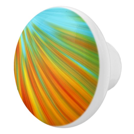 Abstracte rode gele oranje groene strepen op blauw keramische knop (Rechts)