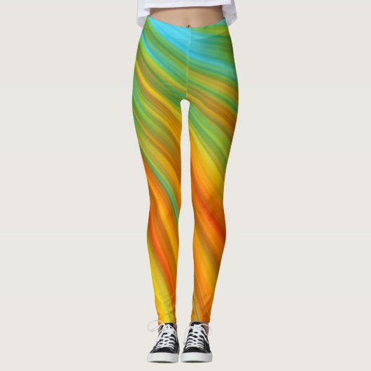 Abstracte rode gele oranje groene strepen op blauw leggings (Voorkant)