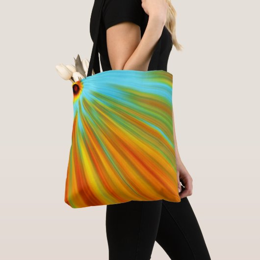 Abstracte rode gele oranje groene strepen op blauw tote bag (Dichtbij)