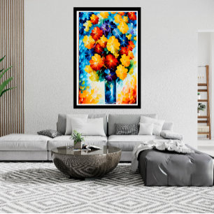 Abstracte rode gele witte blauwe bloemen op vaas poster
