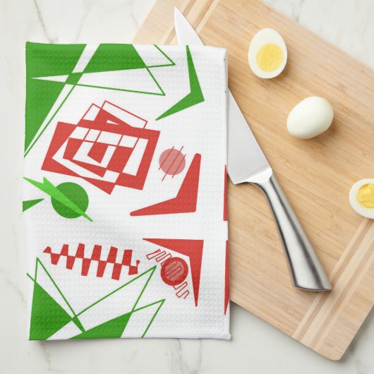 Abstracte rode & groene keukenhanddoek (Quarter Fold)