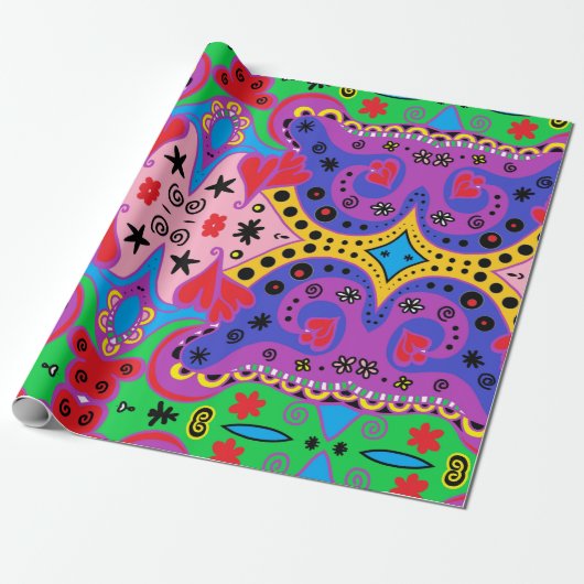 Abstracte rode harten op roze cadeaupapier (Uitgerold)