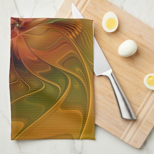 Abstracte rode Oranje bruin groene bloem naam Theedoek (Quarter Fold)