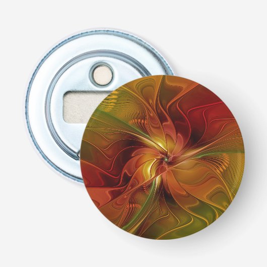Abstracte rode oranje bruine groene fractale kunst button flesopener (Voorkant)