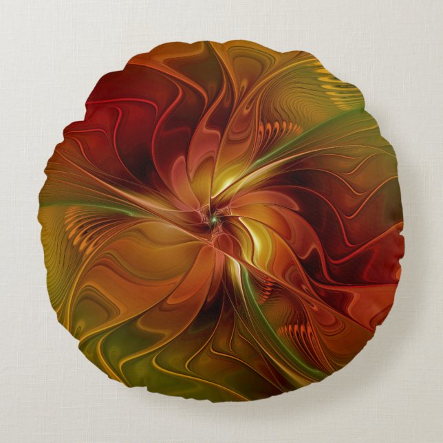 Abstracte rode oranje bruine groene fractale kunst rond kussen (Voorkant)