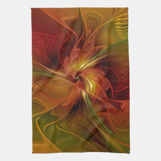 Abstracte rode oranje bruine groene fractale kunst theedoek (Verticaal)