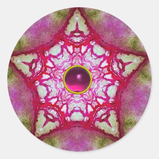 ABSTRACTE RODE PINKSTAR MET FUCHSIA AMETHYST GEM RONDE STICKER (Voorkant)