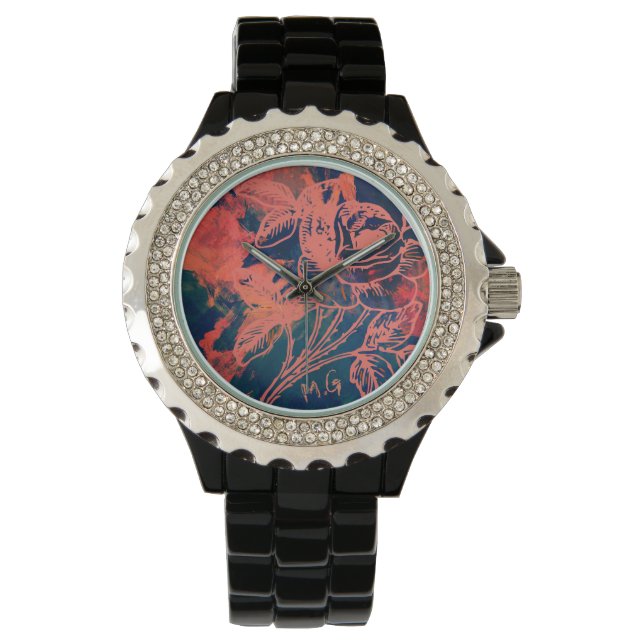Abstracte rode roos kunst monogram horloge (Voorkant)
