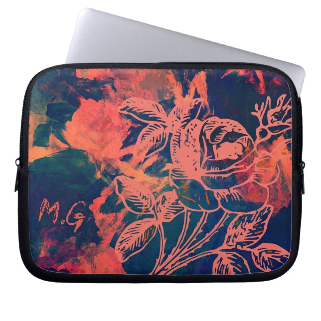 Abstracte rode roos kunst monogram laptop sleeve (Voorkant)